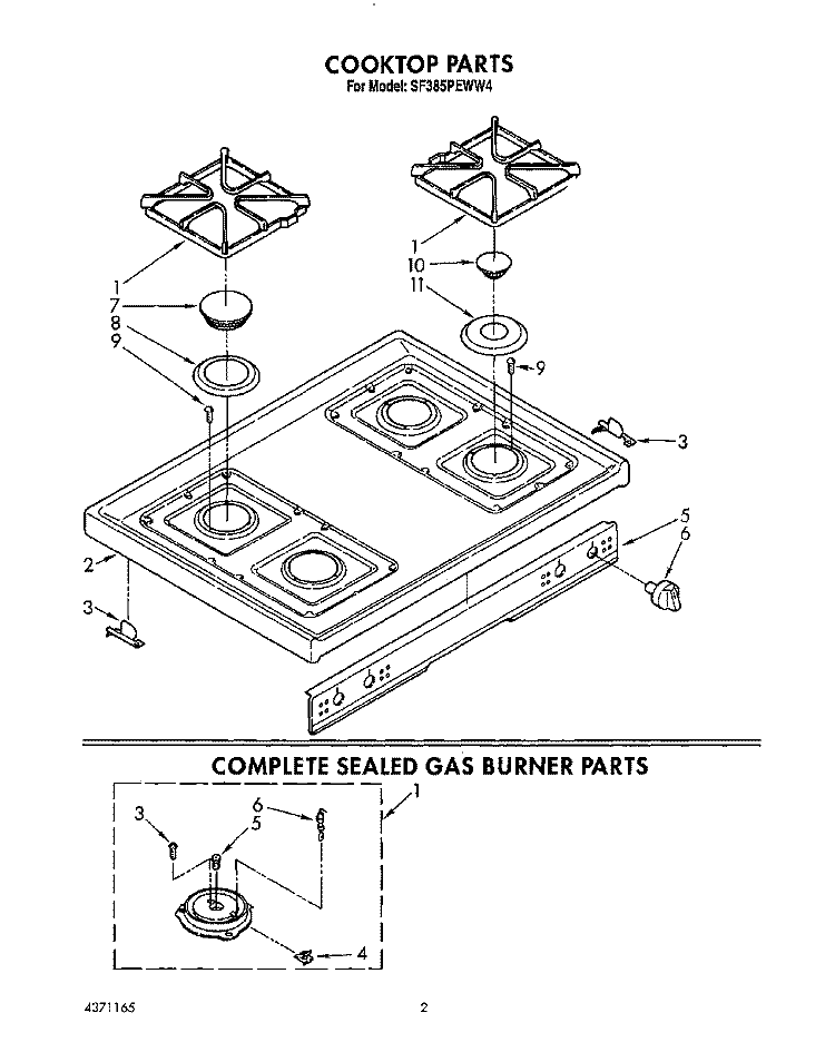 COOKTOP, COMPLETE SEALED GAS BURNER Diagram and Parts List for SF385PEWW4  Whirlpool Range