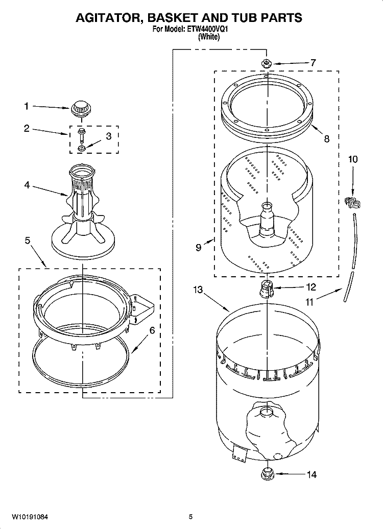 AGITATOR, BASKET AND TUB PARTS Diagram and Parts List for ETW4400VQ1  Estate Washer
