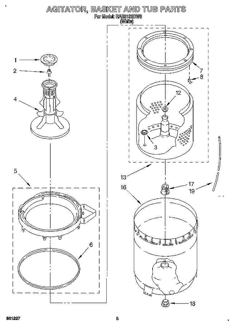 AGITATOR, BASKET AND TUB Diagram and Parts List for RAB2132DW0  Roper Washer