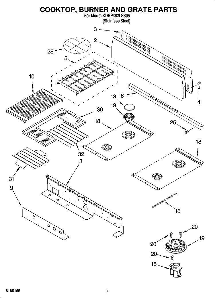 COOKTOP, BURNER AND GRATE PARTS Diagram and Parts List for KDRP462LSS05  KitchenAid Range