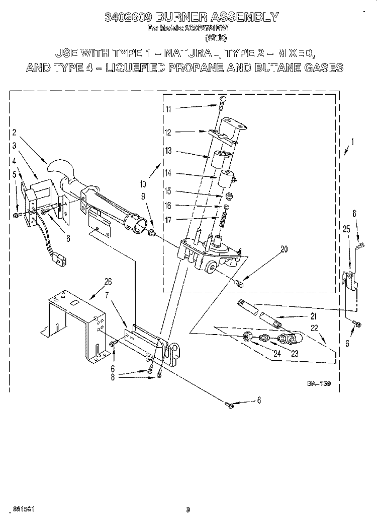 3402609 BURNER ASSEMBLY Diagram and Parts List for 3CSP2761BW1  Whirlpool Dryer