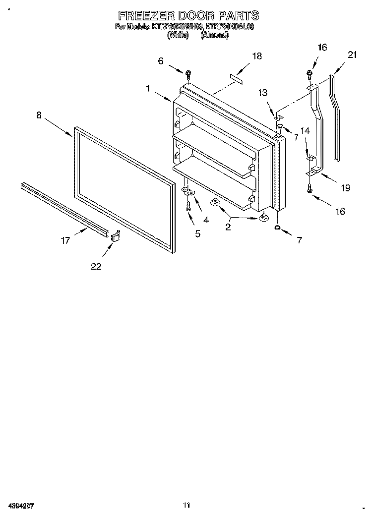 FREEZER DOOR, LIT/OPTIONAL Diagram and Parts List for KTRP20KDWH03  KitchenAid Refrigerator
