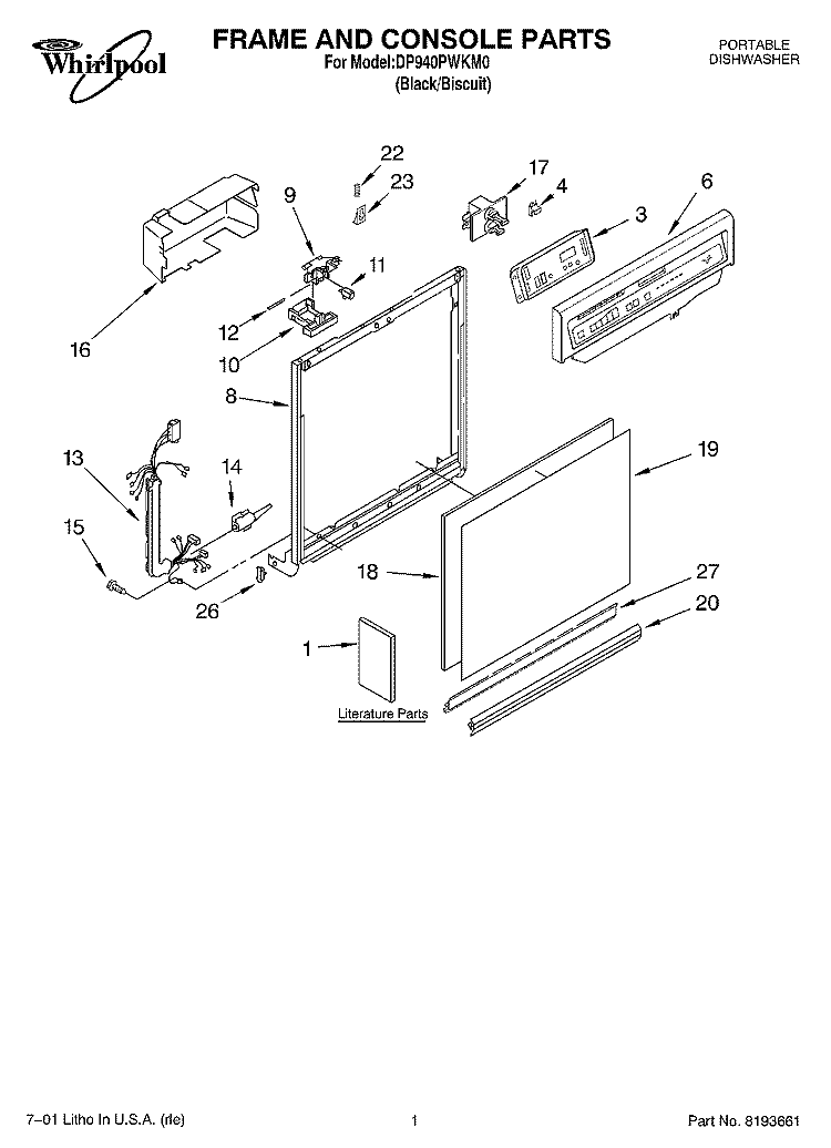 FRAME & CONSOLE, LITERATURE Diagram and Parts List for DP940PWKM0  Whirlpool Dishwasher