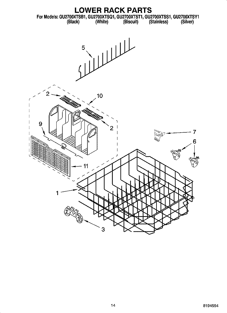 LOWER RACK PARTS, OPTIONAL PARTS (NOT INCLUDED) Diagram and Parts List for GU2700XTSQ1  Whirlpool Dishwasher