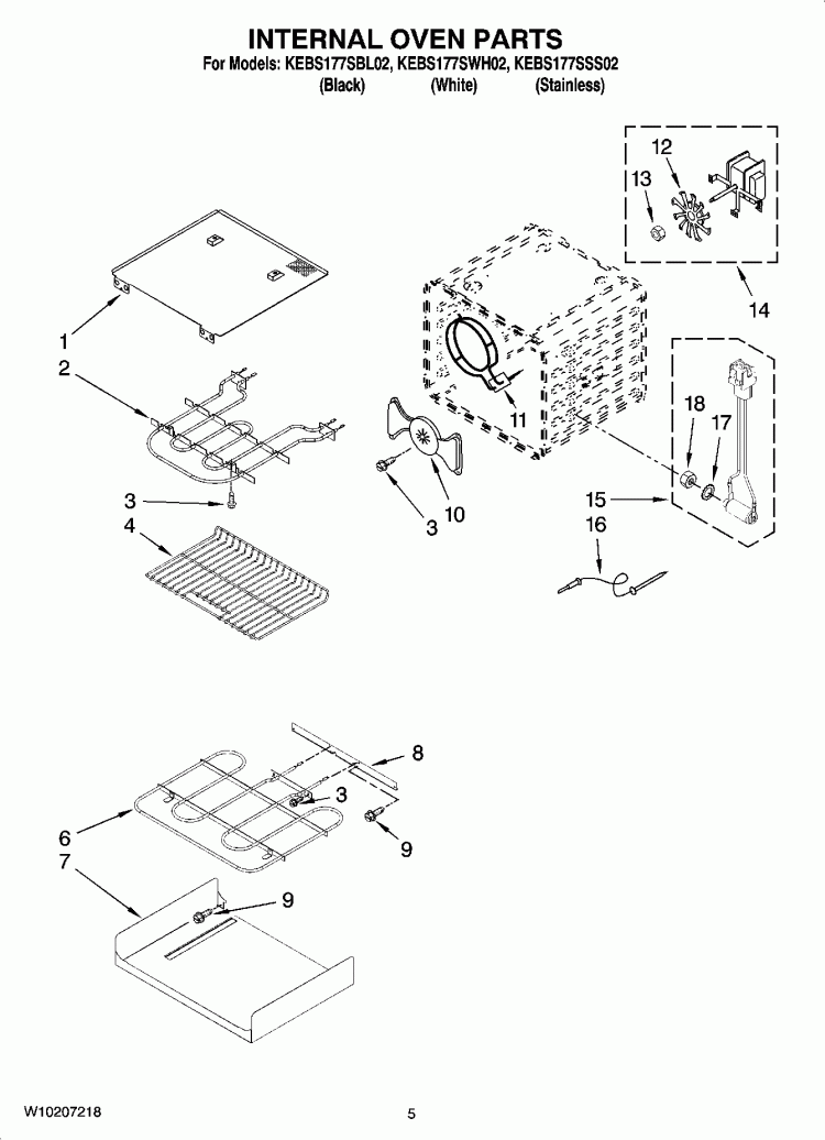 INTERNAL OVEN PARTS Diagram and Parts List for KEBS177SWH02  KitchenAid Wall Oven