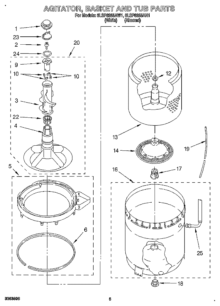 AGITATOR, BASKET AND TUB Diagram and Parts List for 6LSP8255AN1  Whirlpool Washer
