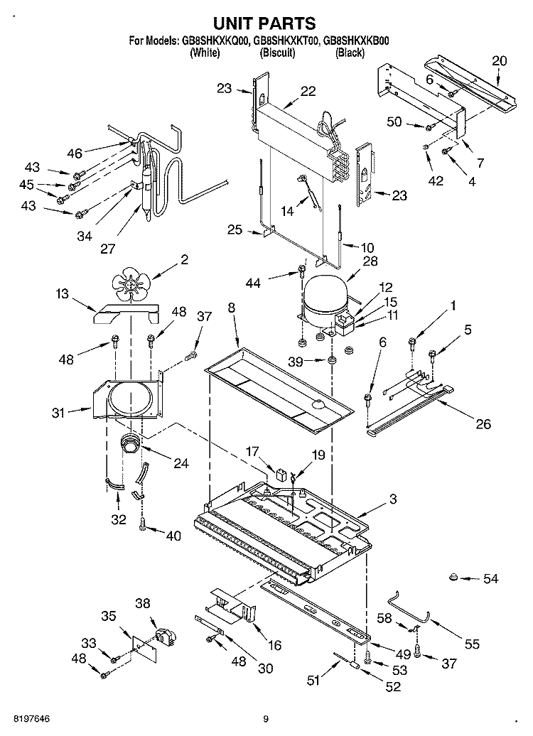 UNIT Diagram and Parts List for GB8SHKXKB00  Whirlpool Refrigerator