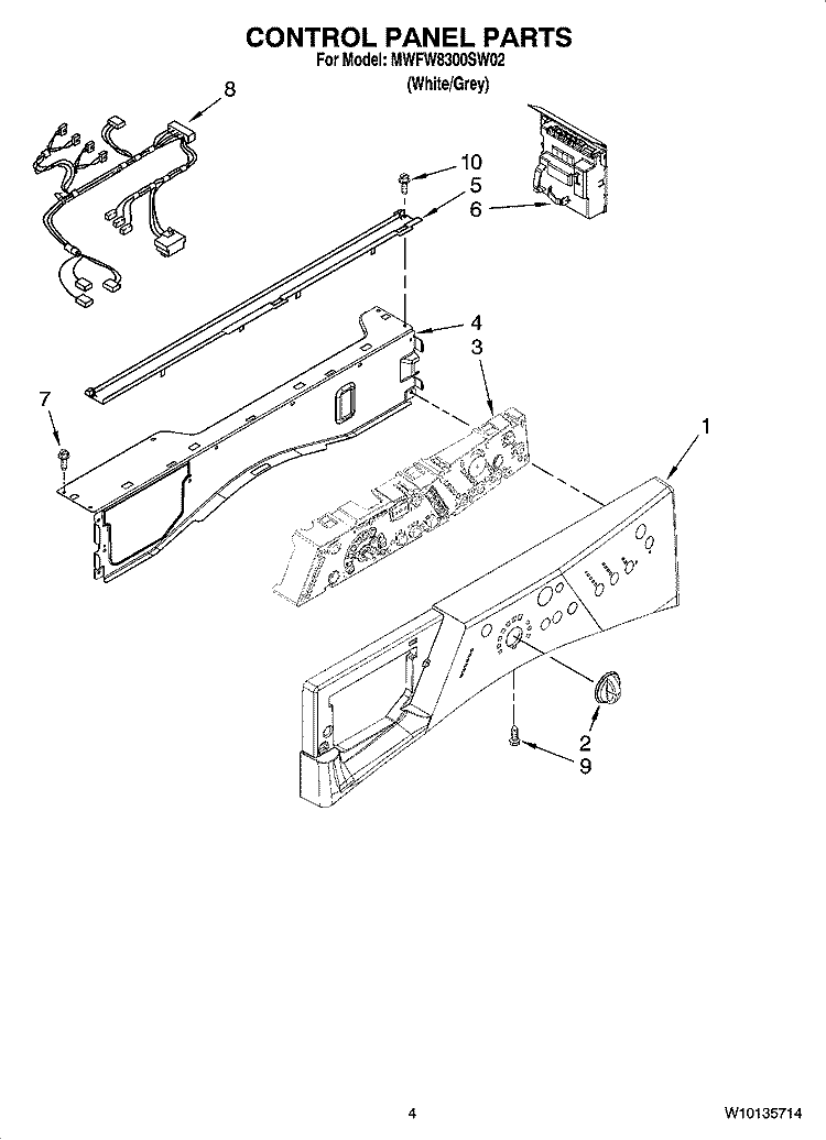 CONTROL PANEL PARTS Diagram and Parts List for MWFW8300SW02  Whirlpool Washer