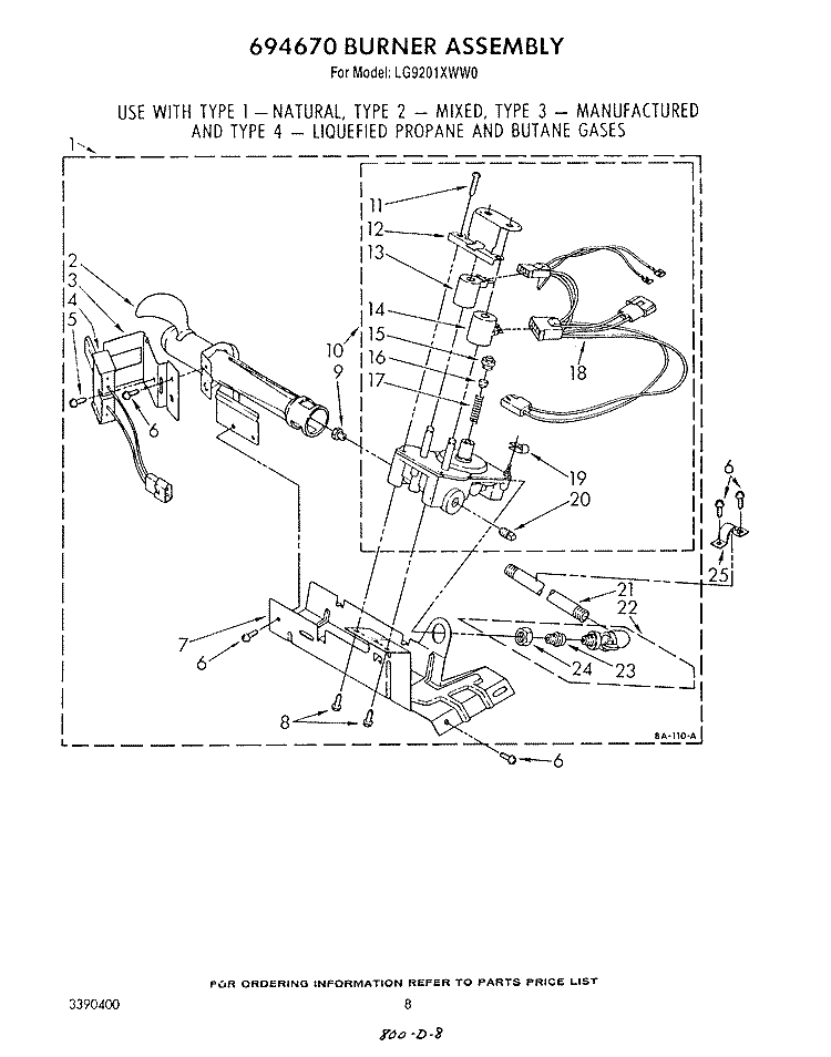 694670 BURNER Diagram and Parts List for LG9201XWW0  Whirlpool Dryer