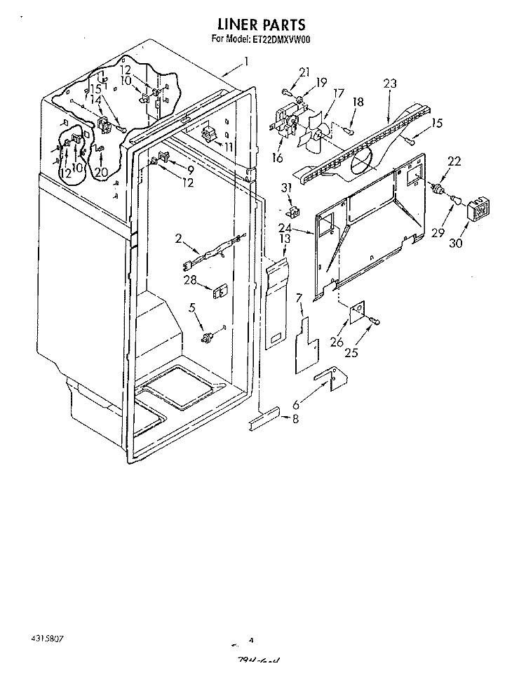LINER Diagram and Parts List for ET22DMXVM00  Whirlpool Refrigerator
