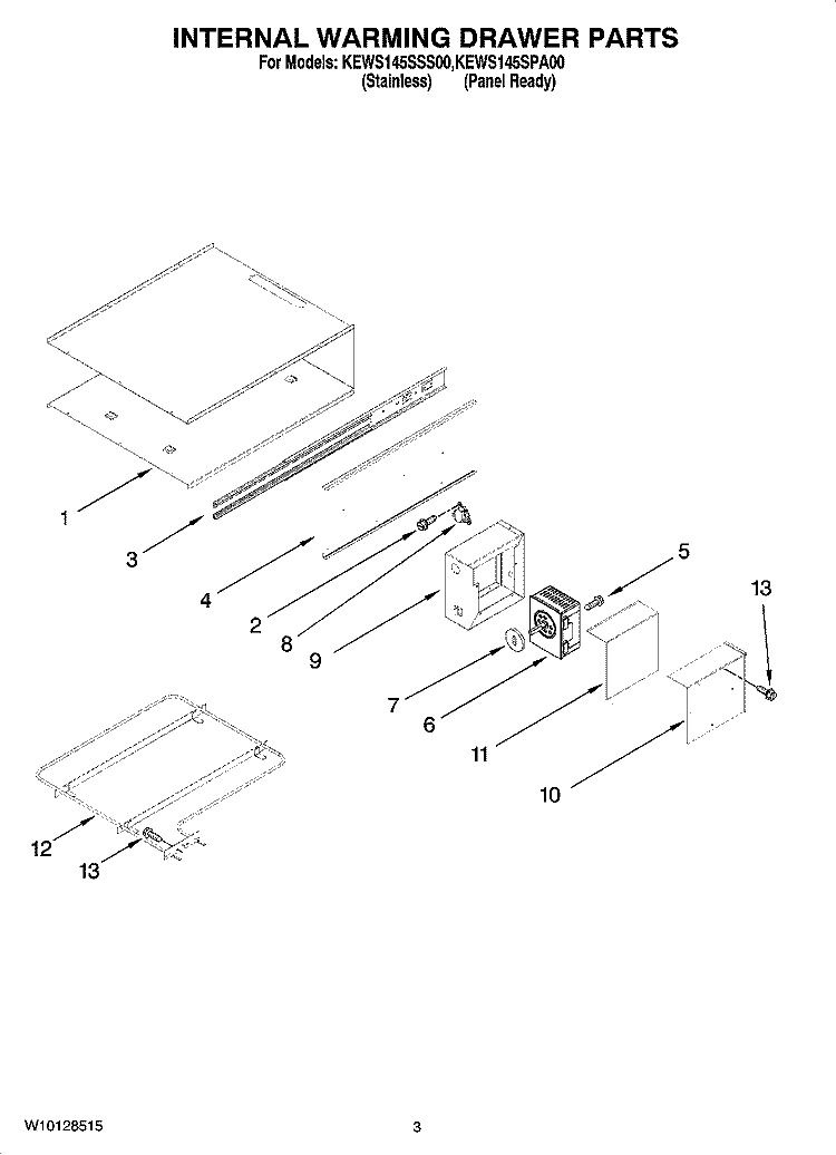INTERNAL WARMING DRAWER PARTS Diagram and Parts List for KEWS145SPA00  KitchenAid Warming Drawer