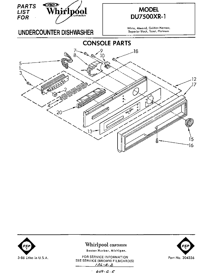 CONSOLE Diagram and Parts List for DU7500XR1  Whirlpool Dishwasher