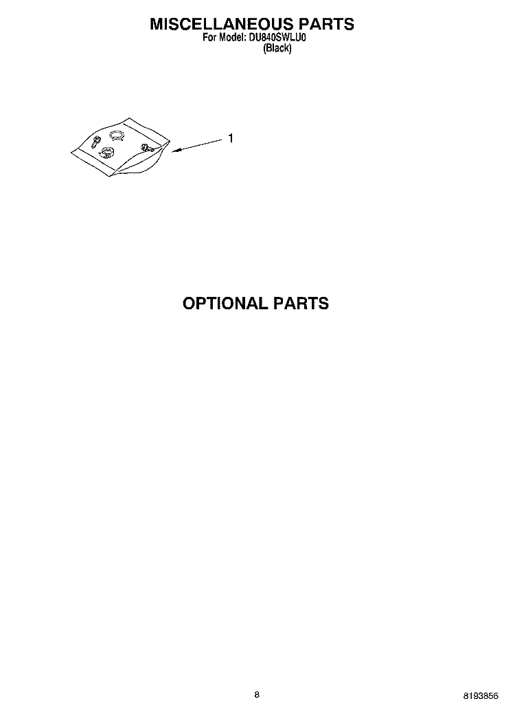 OPTIONAL PARTS MISCELLANEOUS PARTS Diagram and Parts List for DU840SWLU0  Whirlpool Dishwasher