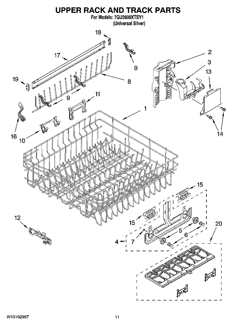 UPPER RACK AND TRACK PARTS Diagram and Parts List for 7GU3600XTSY1  Whirlpool Dishwasher