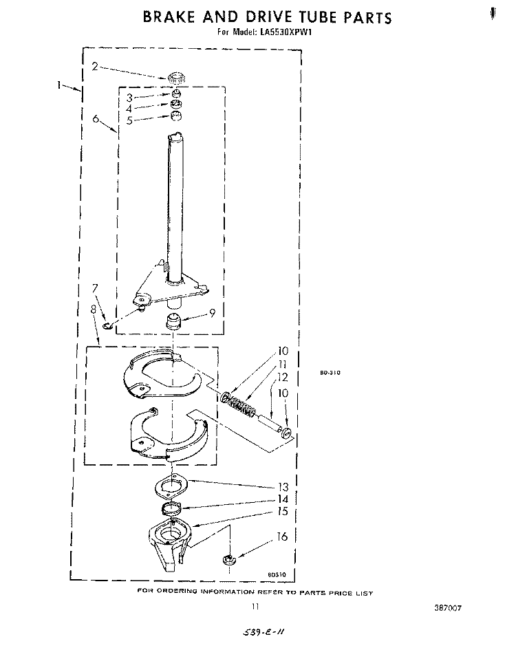 BRAKE AND DRIVE TUBE Diagram and Parts List for LA5530XPW1  Whirlpool Washer