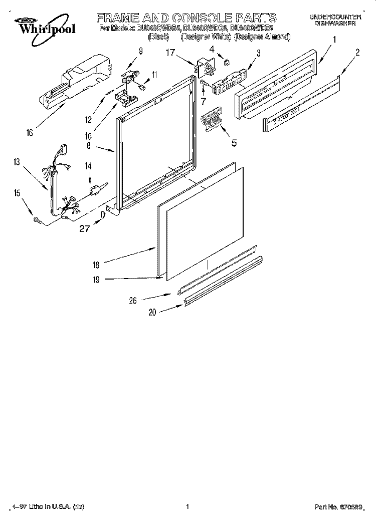 FRAME AND CONSOLE Diagram and Parts List for DU940QWDB5  Whirlpool Dishwasher