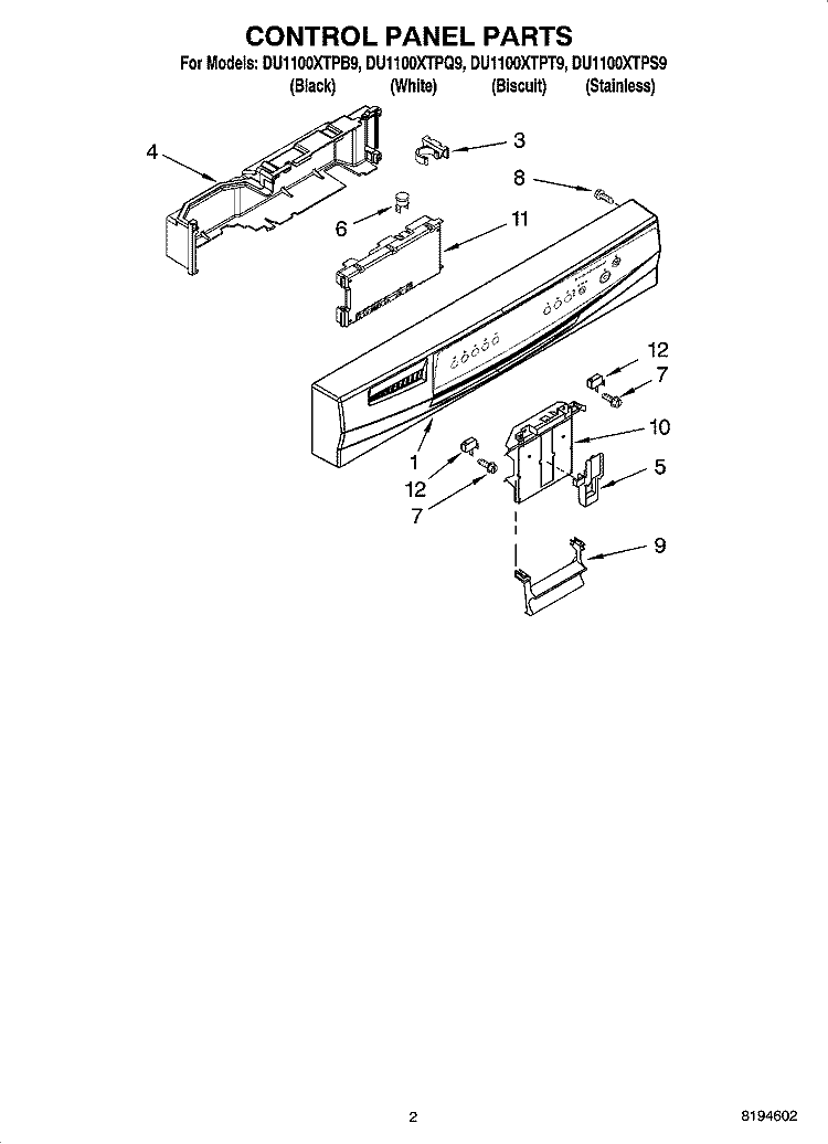 CONTROL PANEL PARTS Diagram and Parts List for DU1100XTPQ9  Whirlpool Dishwasher
