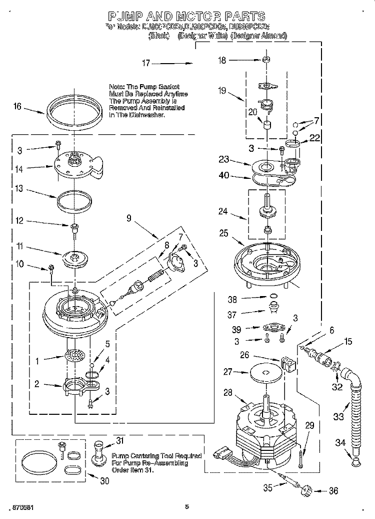 PUMP AND MOTOR Diagram and Parts List for DU900PCDB5  Whirlpool Dishwasher