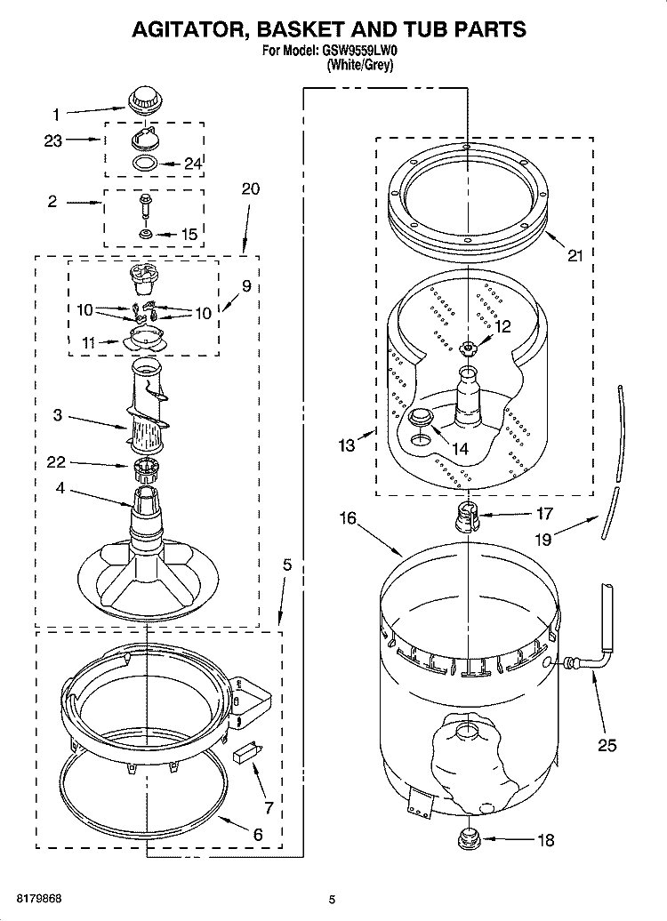 AGITATOR, BASKET AND TUB PARTS Diagram and Parts List for GSW9559LW0  Whirlpool Washer