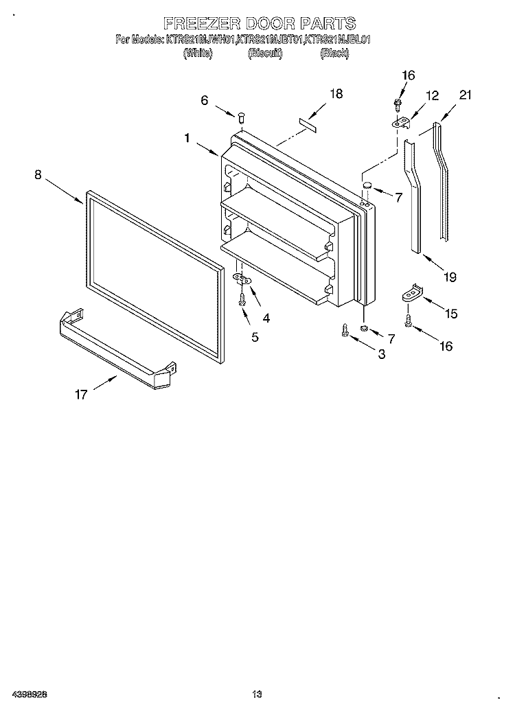FREEZER DOOR, OPTIONAL Diagram and Parts List for KTRS21MJBL01  KitchenAid Refrigerator