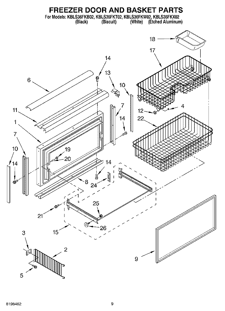 FREEZER DOOR AND BASKET PARTS Diagram and Parts List for KBLS36FKB02  KitchenAid Refrigerator