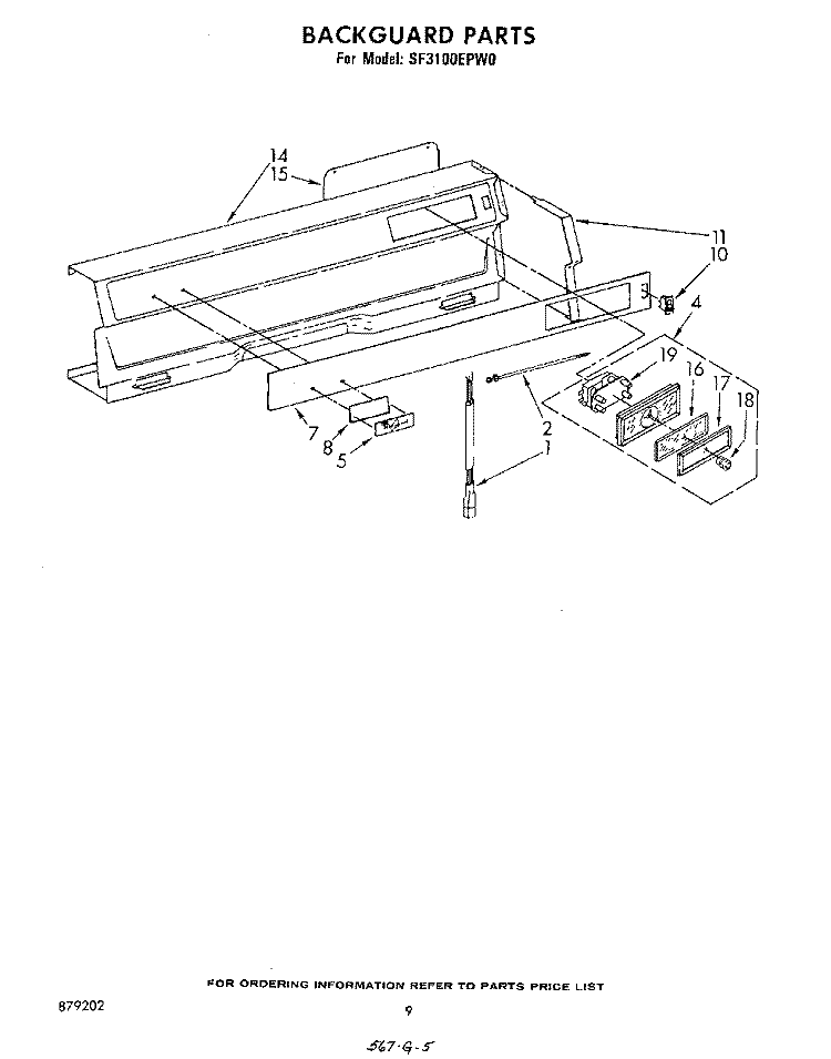 BACKGUARD Diagram and Parts List for SF3100EPW0  Whirlpool Range