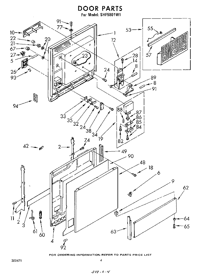 DOOR Diagram and Parts List for SHF5801W1  Whirlpool Dishwasher