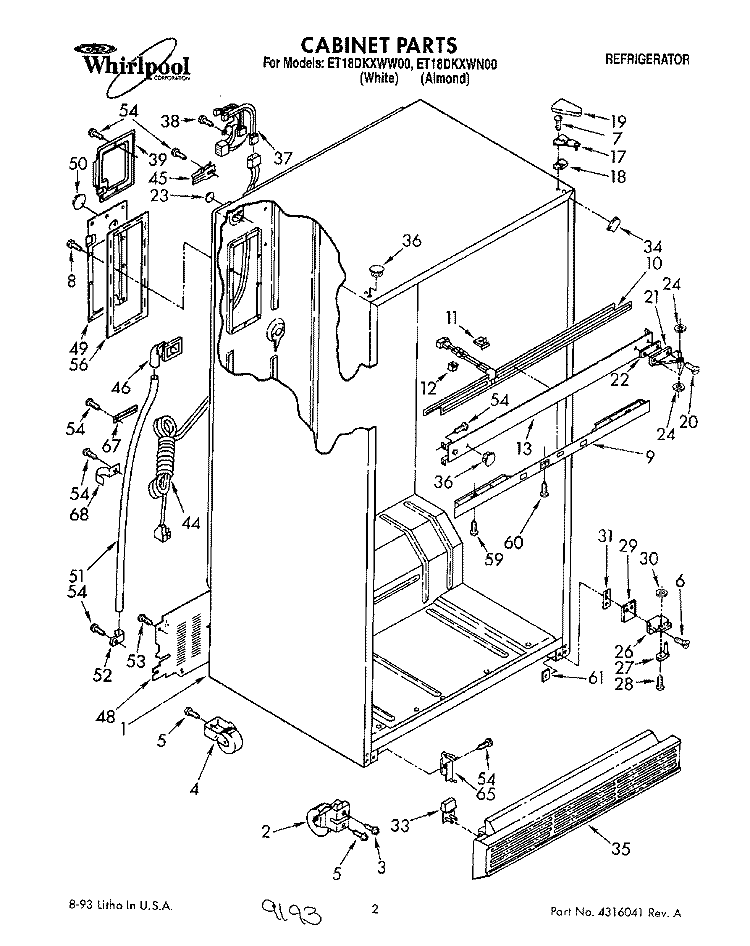 CABINET Diagram and Parts List for ET18DKXWN00  Whirlpool Refrigerator