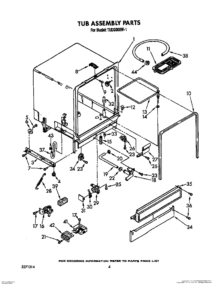 TUB ASSEMBLY Diagram and Parts List for TUD2000W1  Whirlpool Dishwasher