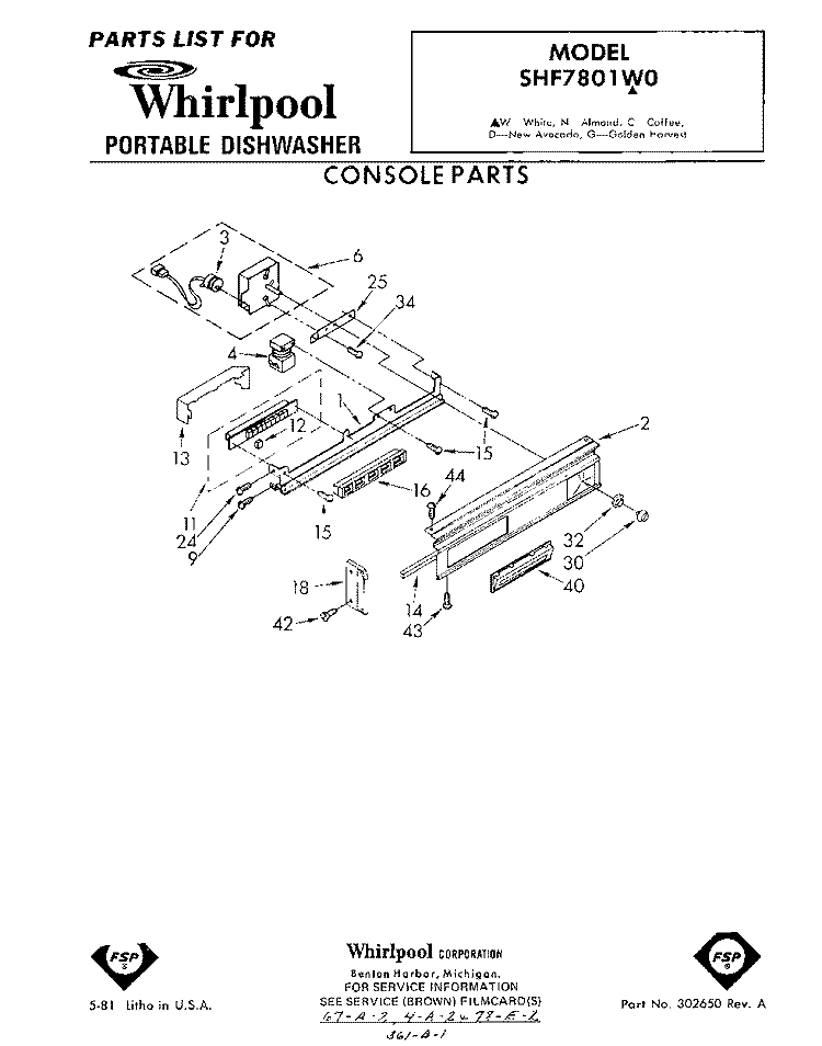 CONSOLE Diagram and Parts List for SHF7801W0  Whirlpool Dishwasher