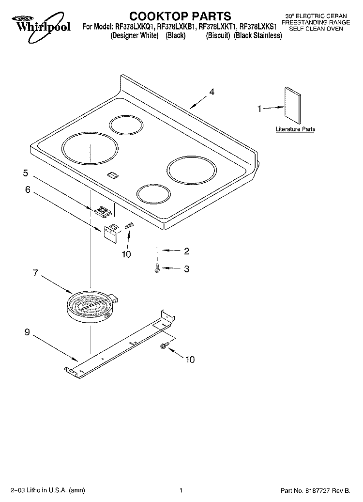 COOKTOP PARTS Diagram and Parts List for RF378LXKT1  Whirlpool Range