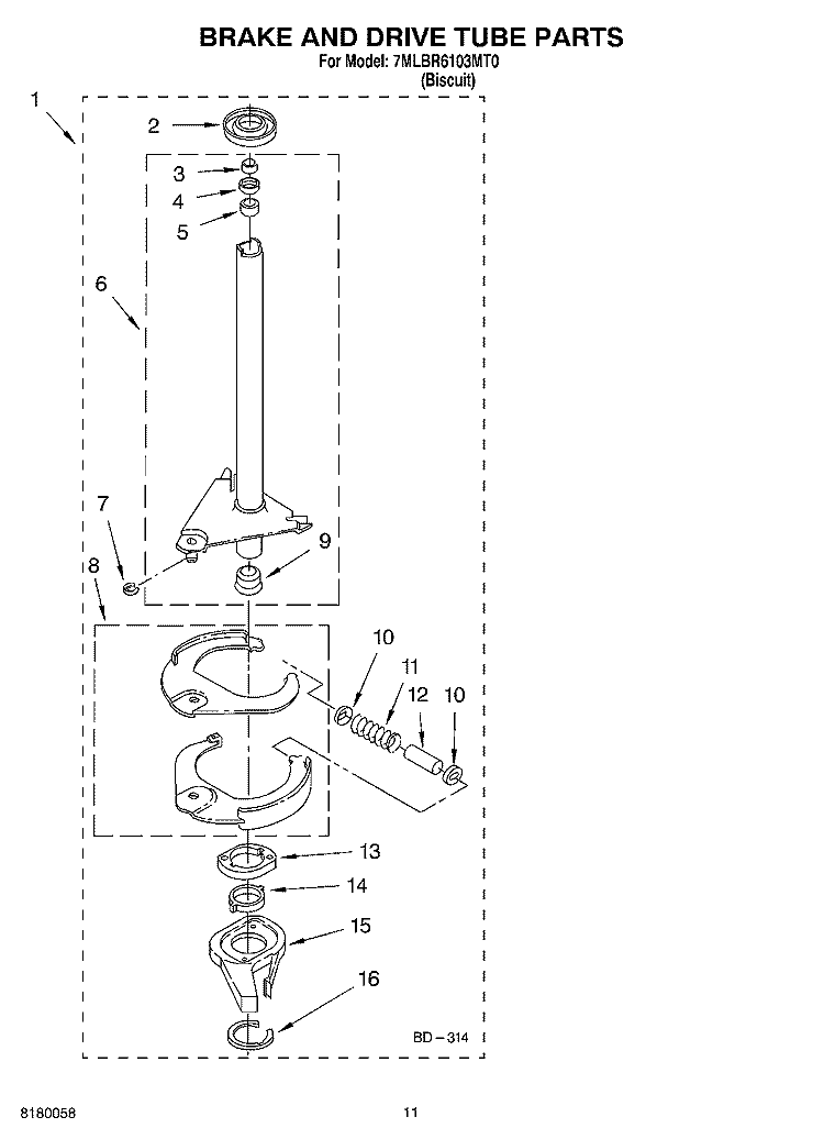 BRAKE AND DRIVE TUBE PARTS Diagram and Parts List for 7MLBR6103MT0  Whirlpool Washer