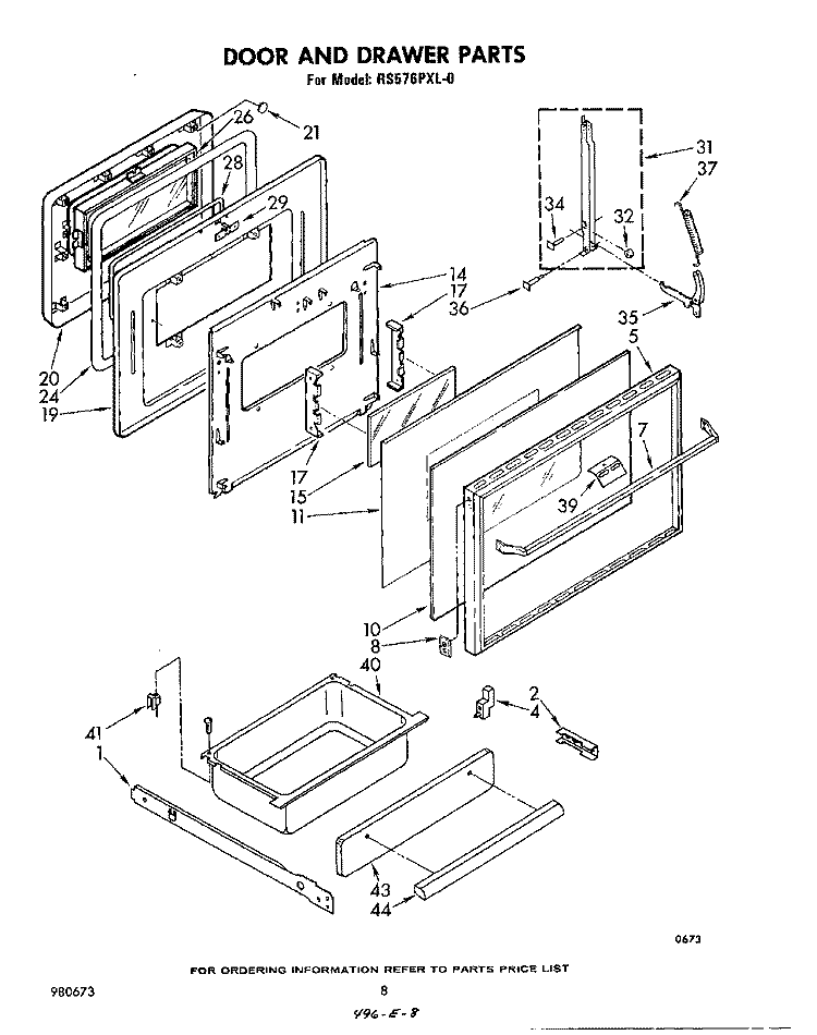 DOOR AND DRAWER Diagram and Parts List for RS576PXL0  Whirlpool Range