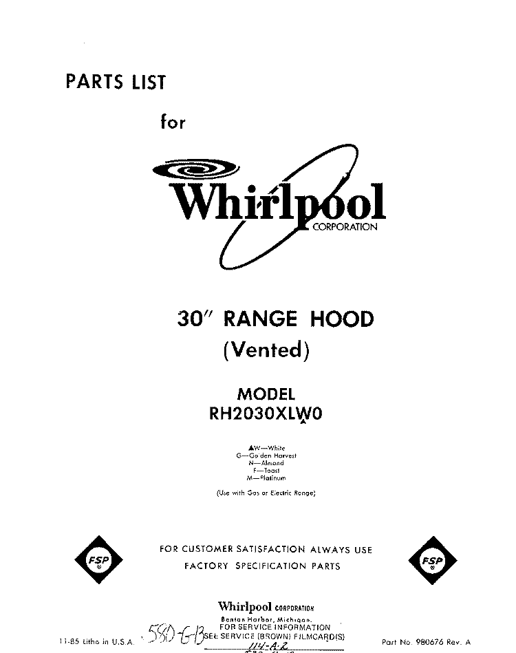 SECTION Diagram and Parts List for RH2030XLW0  Whirlpool Range Hood