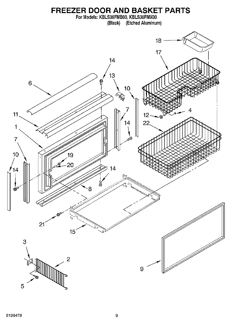 FREEZER DOOR AND BASKET PARTS Diagram and Parts List for KBLS36FMX00  KitchenAid Refrigerator