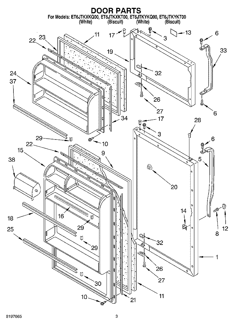 DOOR Diagram and Parts List for ET6JTKYKT00  Whirlpool Refrigerator