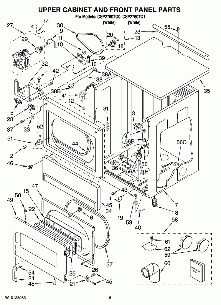 UPPER CABINET AND FRONT PANEL PARTS Diagram and Parts List for CSP2760TQ1  Whirlpool Dryer