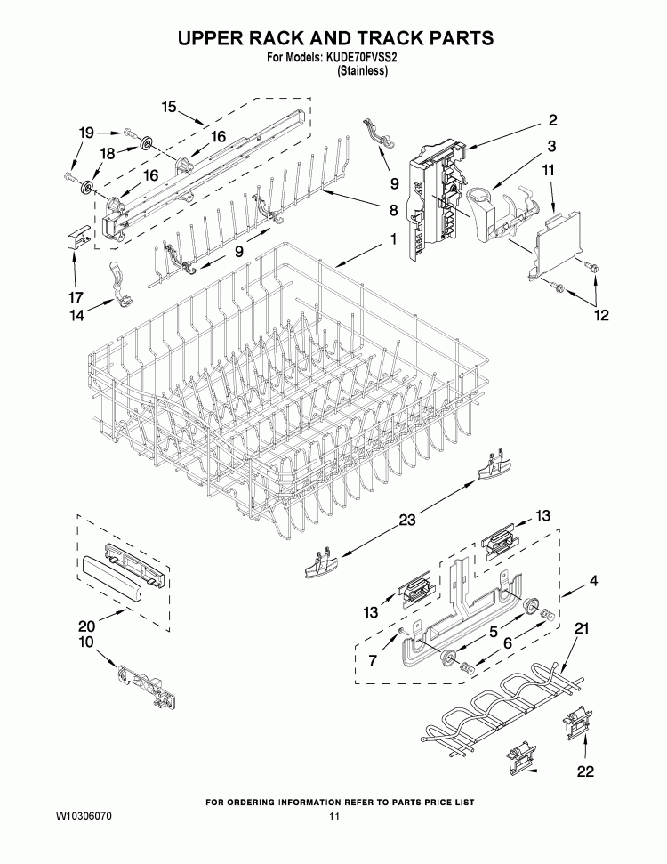 UPPER RACK AND TRACK PARTS Diagram and Parts List for KUDE70FVSS2  KitchenAid Dishwasher