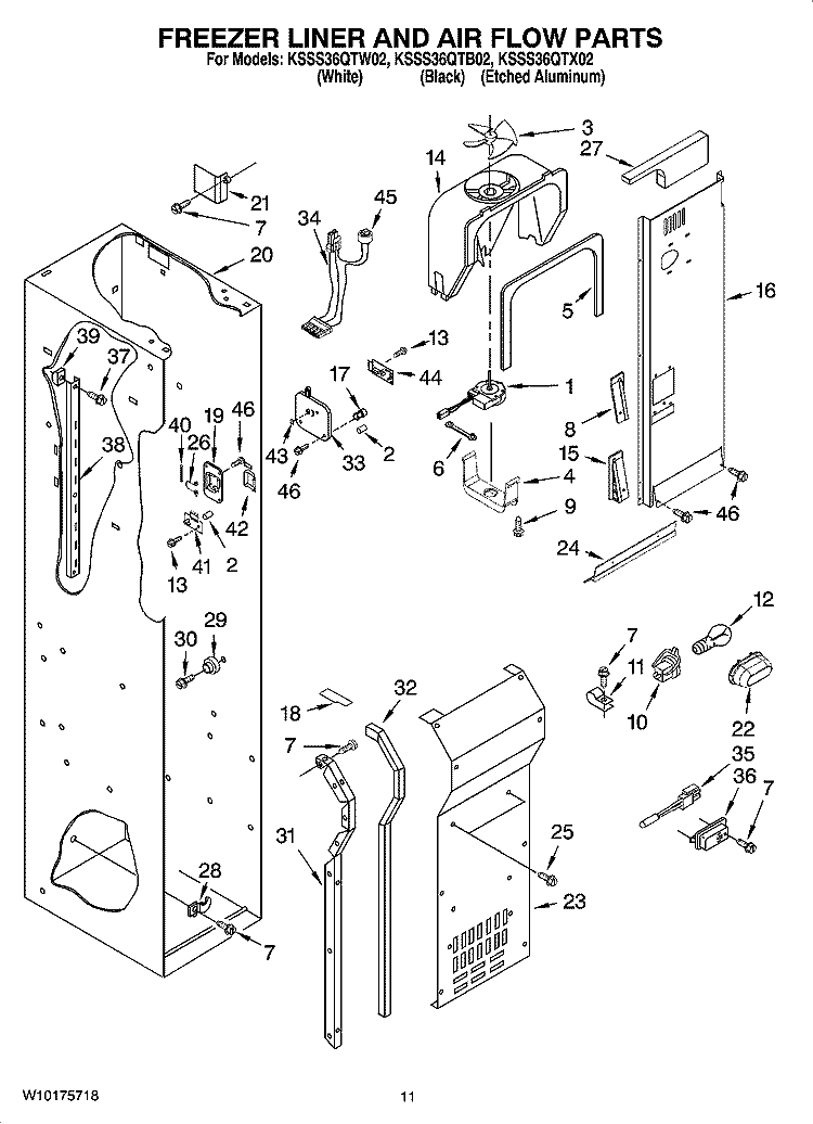 FREEZER LINER AND AIR FLOW PARTS Diagram and Parts List for KSSS36QTB02  KitchenAid Refrigerator