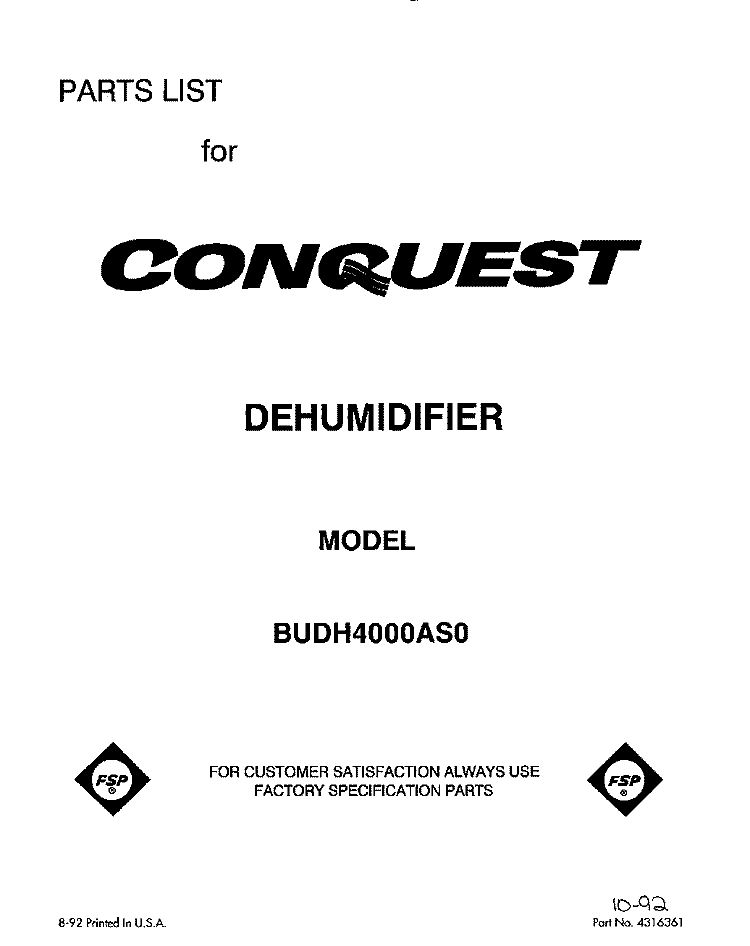 SECTION Diagram and Parts List for BUDH4000AS0  Whirlpool Dehumidifier