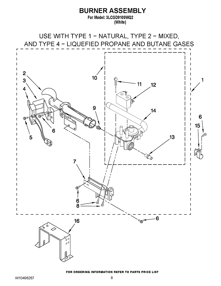 BURNER ASSEMBLY Diagram and Parts List for 3LCGD9100WQ2  Whirlpool Dryer