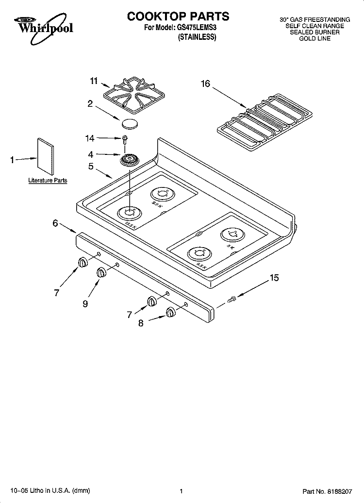 COOKTOP PARTS Diagram and Parts List for GS475LEMS3  Whirlpool Range