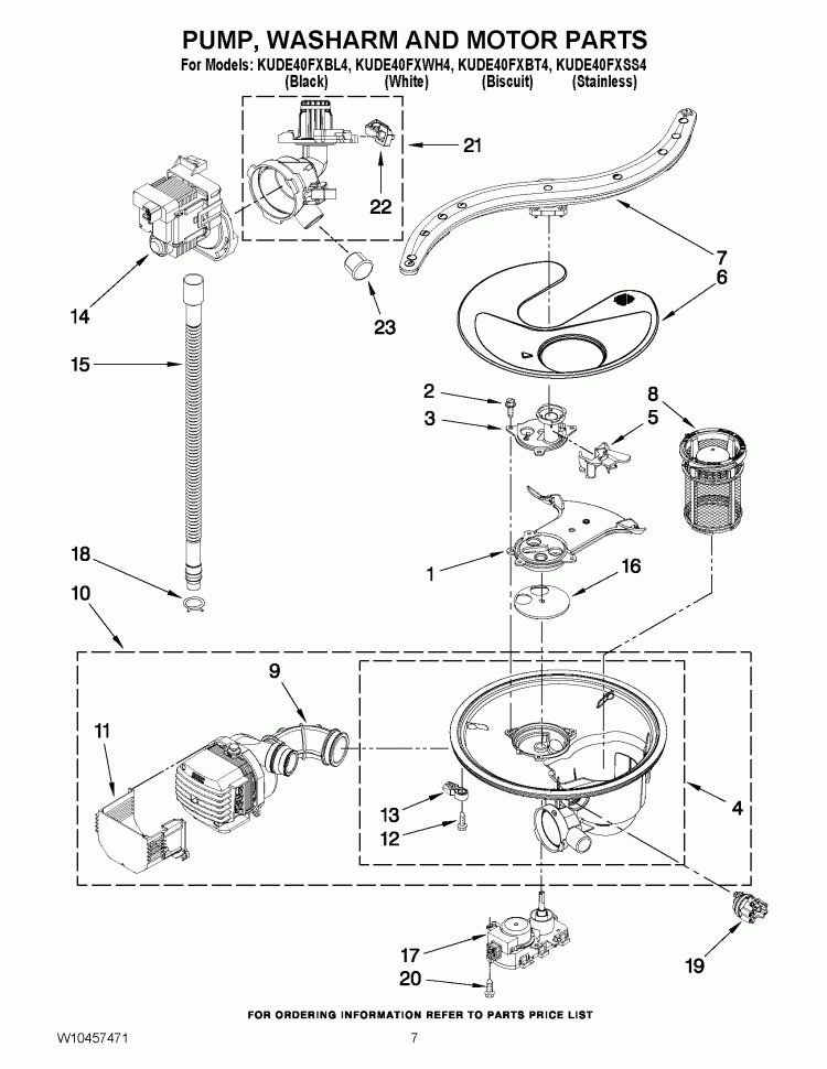 PUMP, WASHARM AND MOTOR PARTS Diagram and Parts List for KUDE40FXWH4  KitchenAid Dishwasher