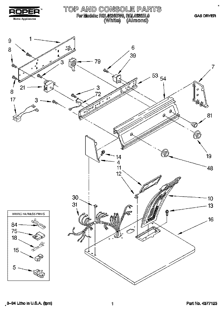 TOP AND CONSOLE, LIT/OPTIONAL Diagram and Parts List for RGL4636BW0  Roper Dryer