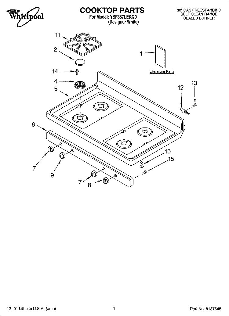 COOKTOP PARTS Diagram and Parts List for YSF387LEKQ0  Whirlpool Range