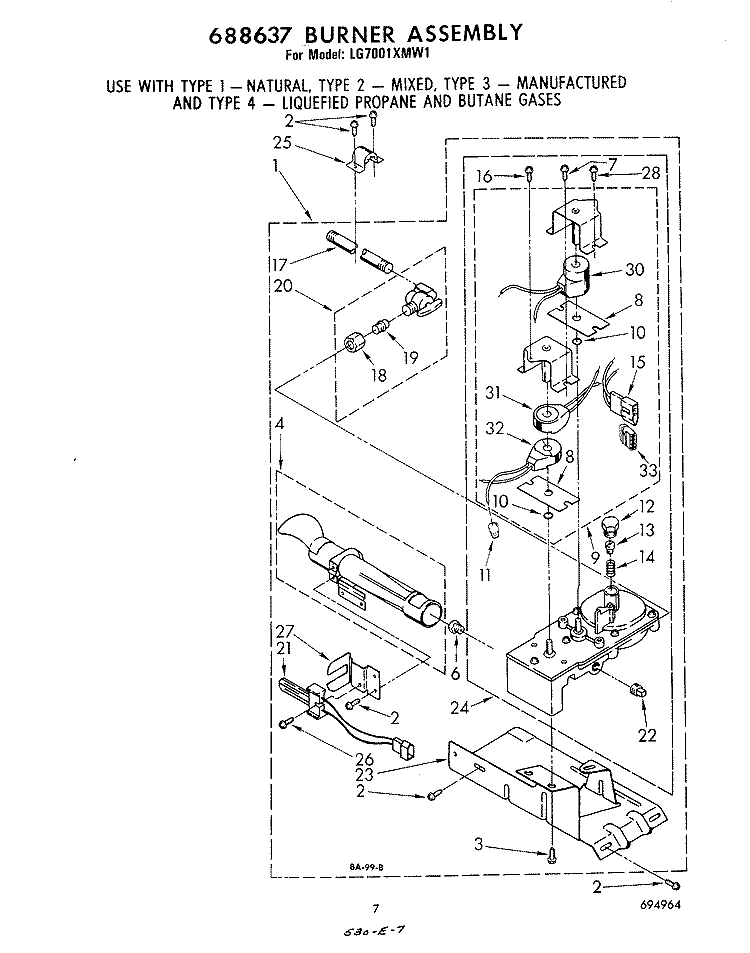 688637 BURNER ASSEMBLY Diagram and Parts List for LG7001XMW1  Whirlpool Dryer