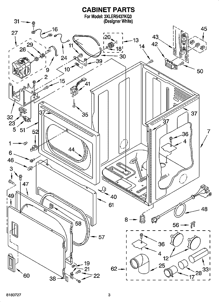 CABINET PARTS Diagram and Parts List for 3XLER5437KQ3  Whirlpool Dryer