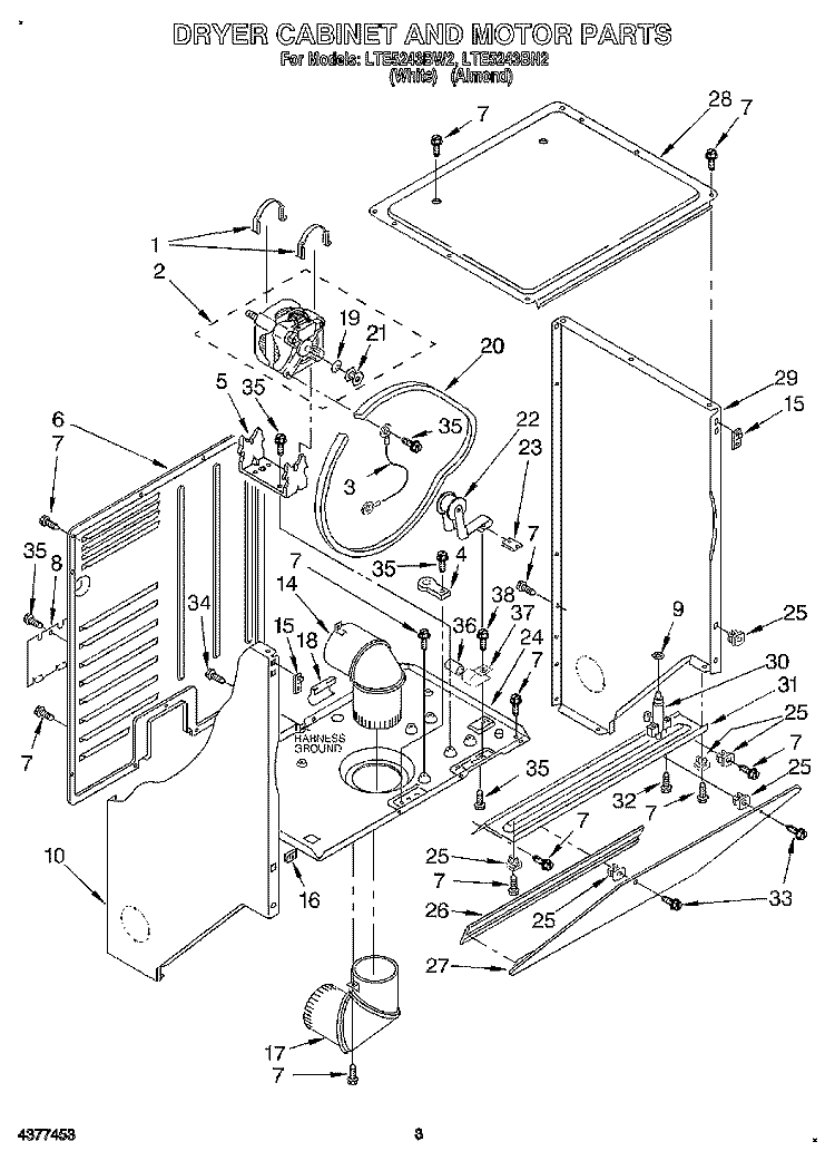 DRYER CABINET AND MOTOR Diagram and Parts List for LTE5243BW2  Whirlpool Washer Dryer Combo