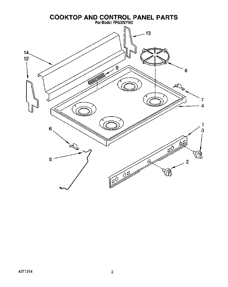 COOKTOP AND CONTROL PANEL, LIT/OPTI Diagram and Parts List for FGP320YW0  Roper Range