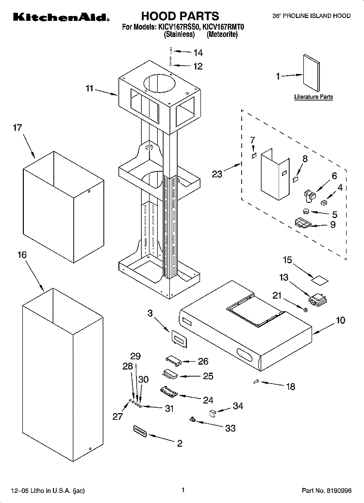 HOOD PARTS Diagram and Parts List for KICV167RMT0  KitchenAid Range Hood